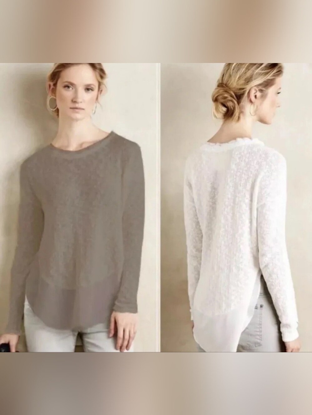 Deletta Taupe Layered Knit & Chiffon-Trim Long Sleeve Top